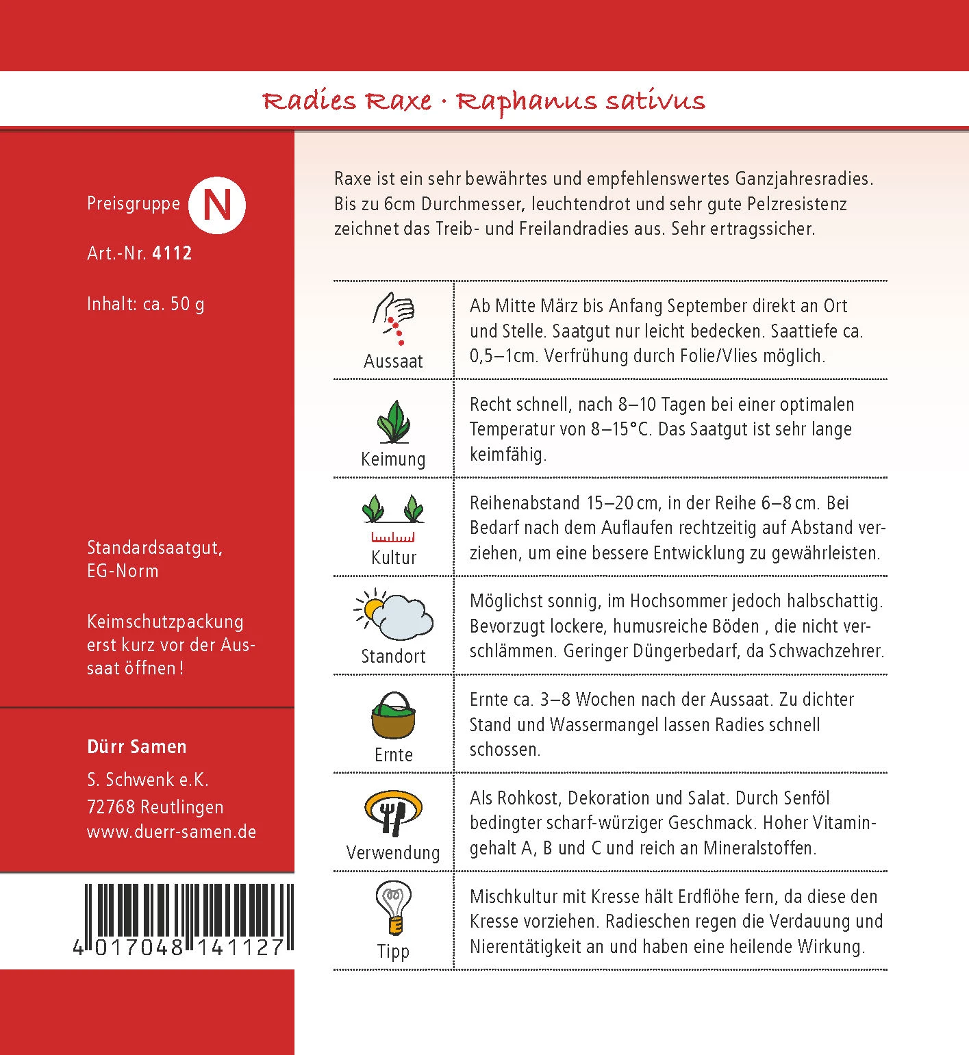 Radies Raxe 50g | Radieschensamen Von Dürr Samen 2 Radies Raxe 50g | Radieschensamen Von Dürr Samen – Bild 2