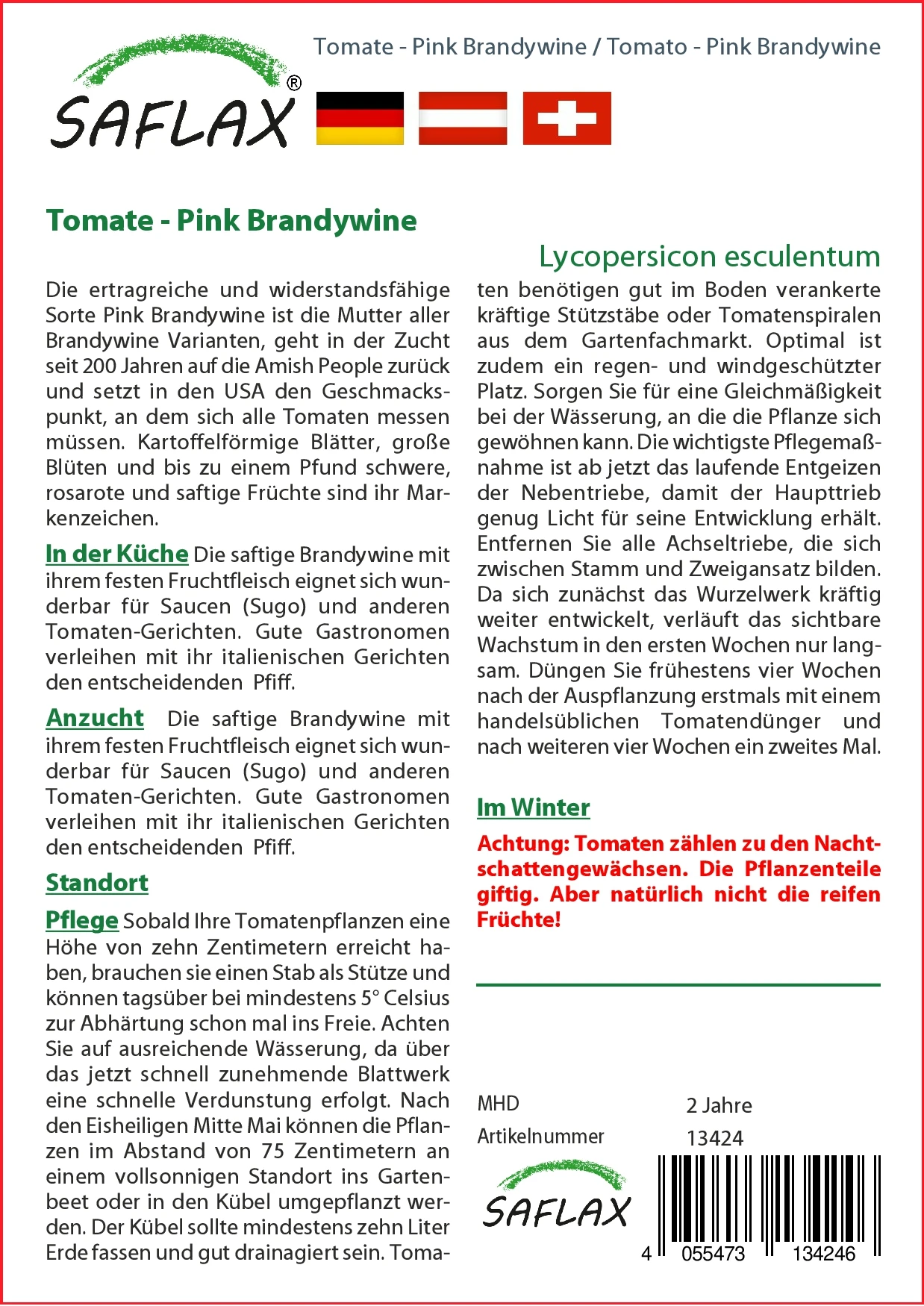 Tomate Pink Brandywine | Tomatensamen Von Saflax 1 Tomate Pink Brandywine | Tomatensamen Von Saflax