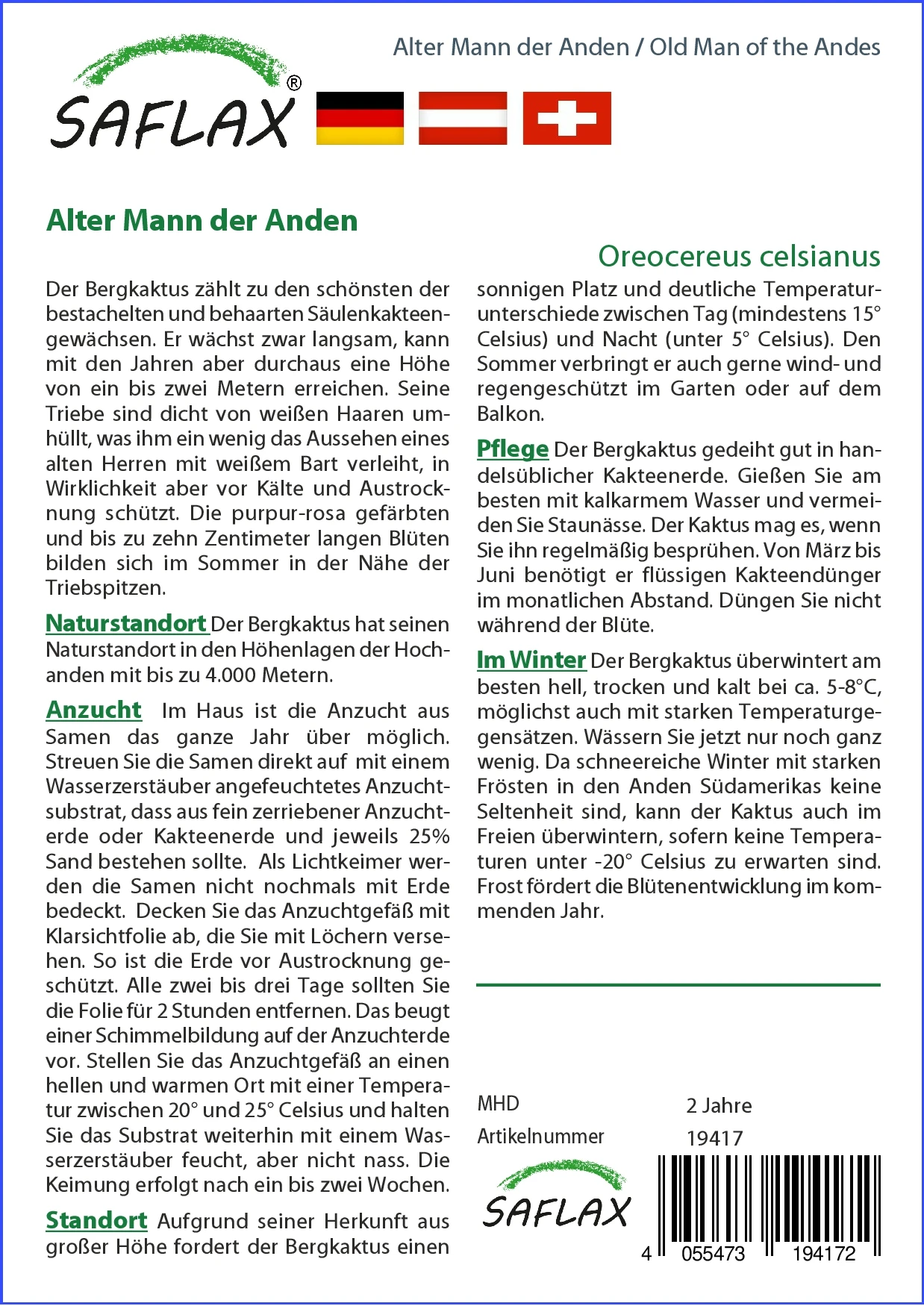 Säulenkaktus Alter Mann Der Anden | Kaktussamen Von Saflax 1 Säulenkaktus Alter Mann Der Anden | Kaktussamen Von Saflax